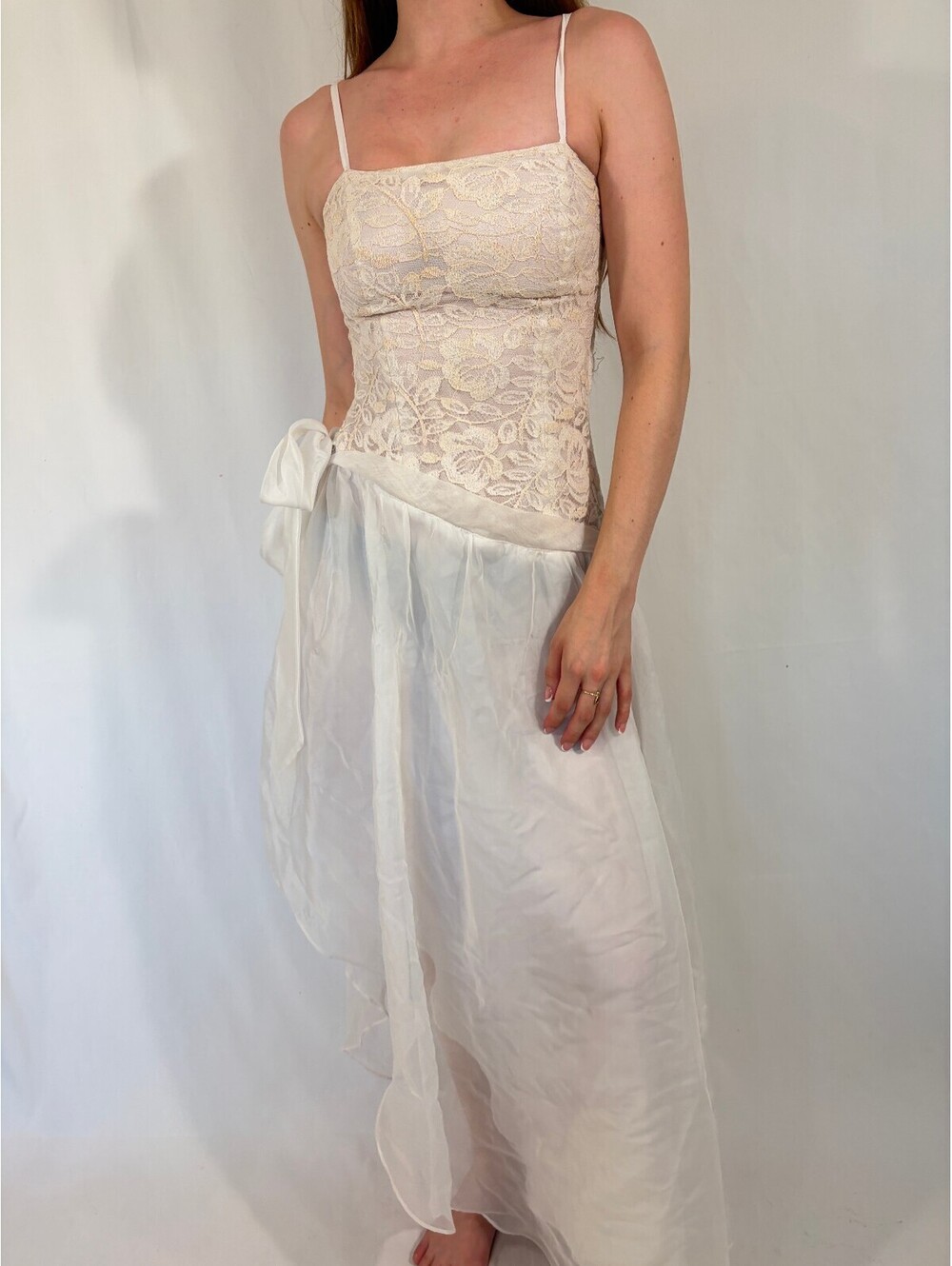 Vintage White Drop Waist Square Neck Lace Wedding Style Gown